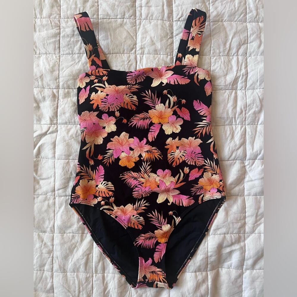 Topanga Kala Black Pink Hawaiian Floral Squares Neck One Piece Swimsuit - 14